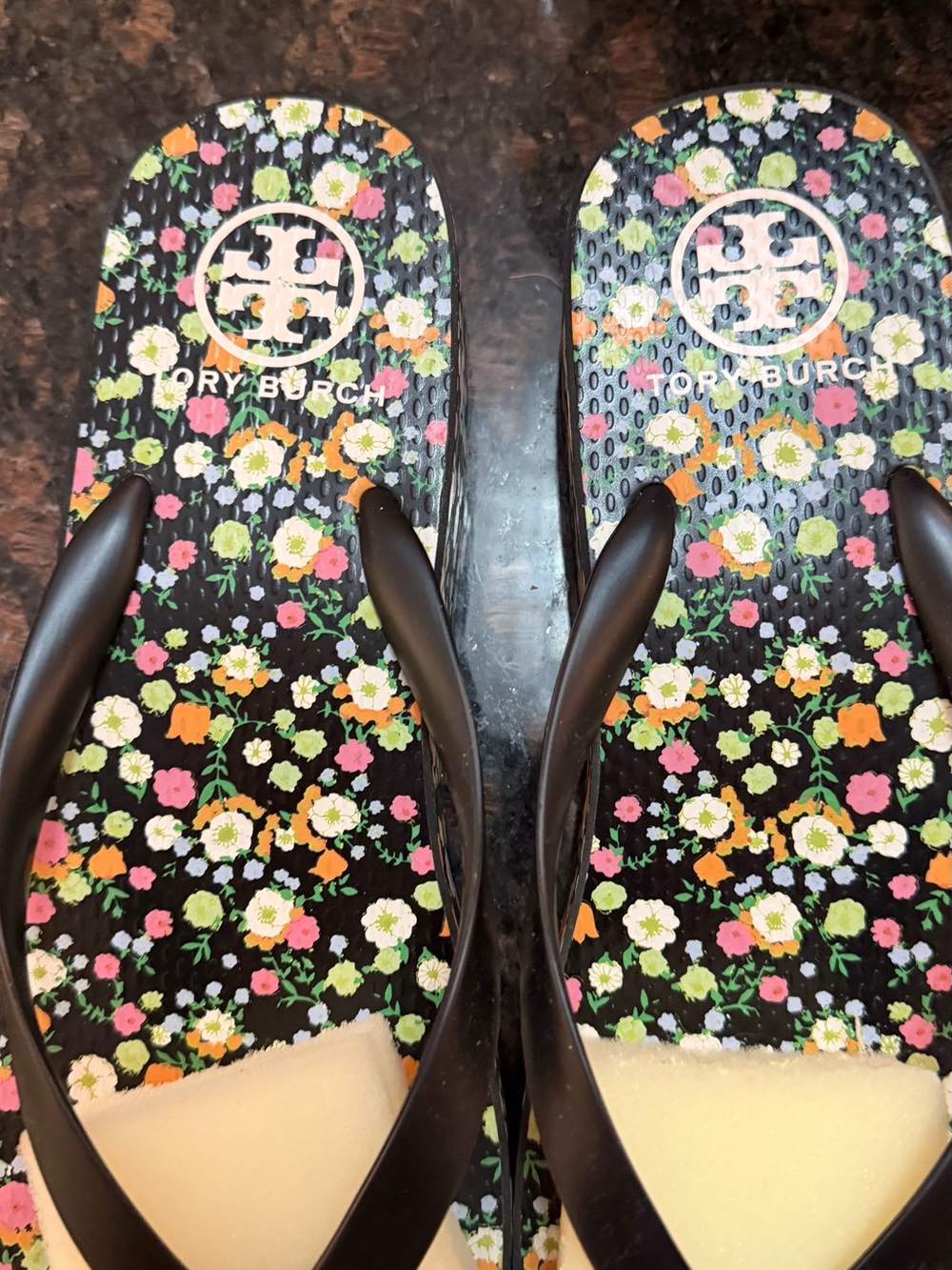 Tory Burch Black Floral Logo Flip Flops